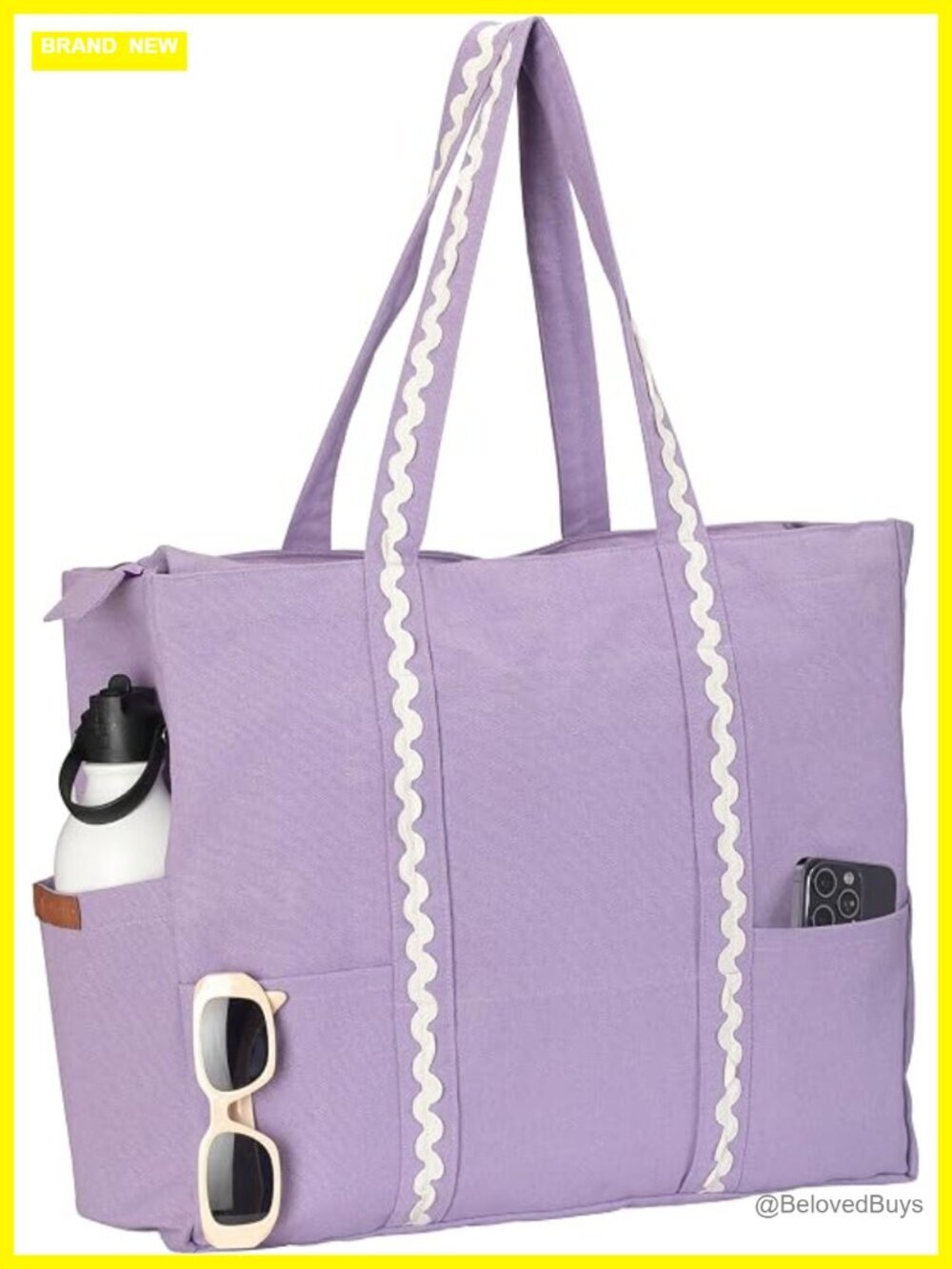 Large Waterproof Canvas Beach Tote Bag with Zipper for Travel